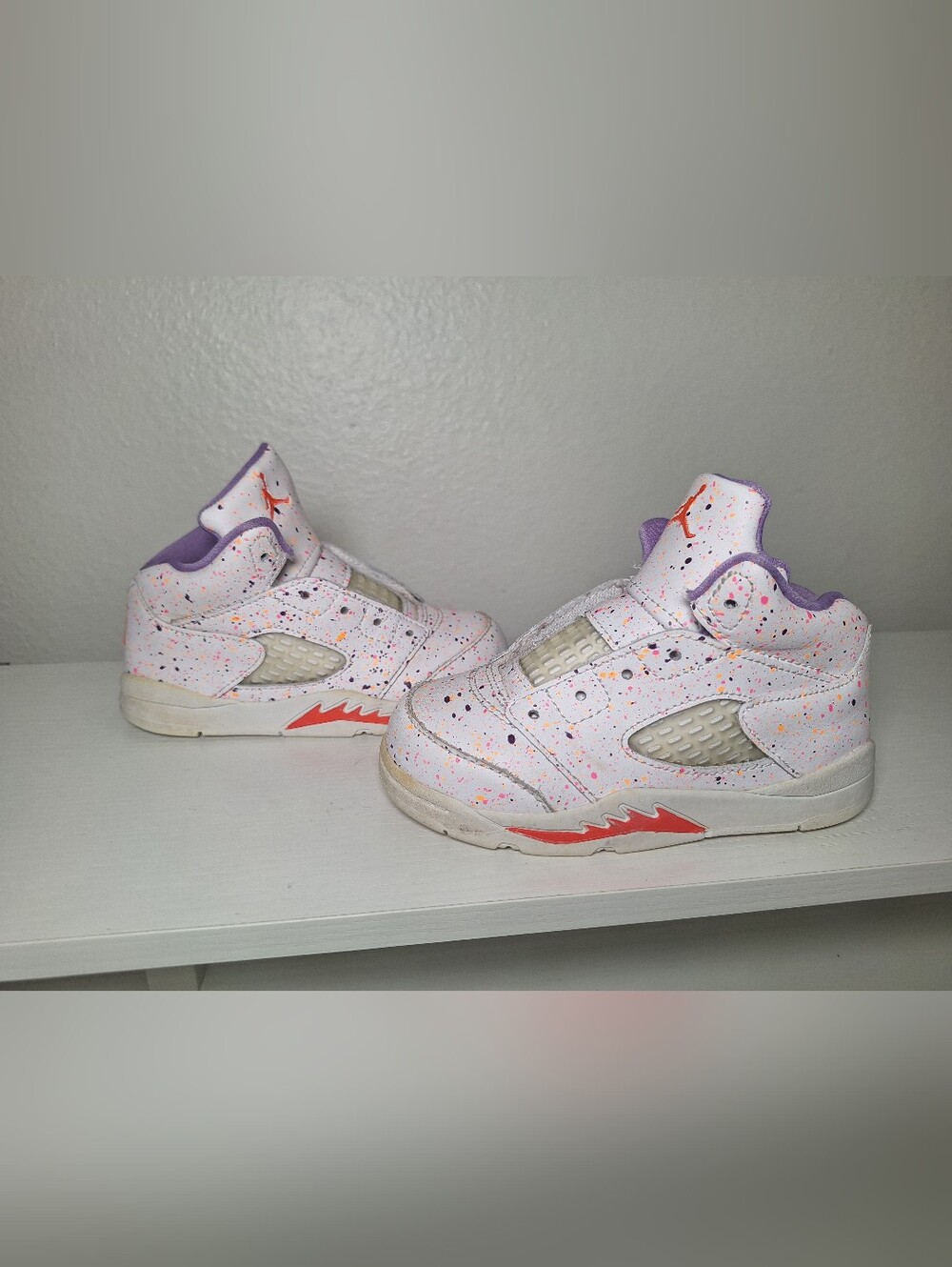 Jordan Kids White High-Top Sneakers with Purple and Coral Accents